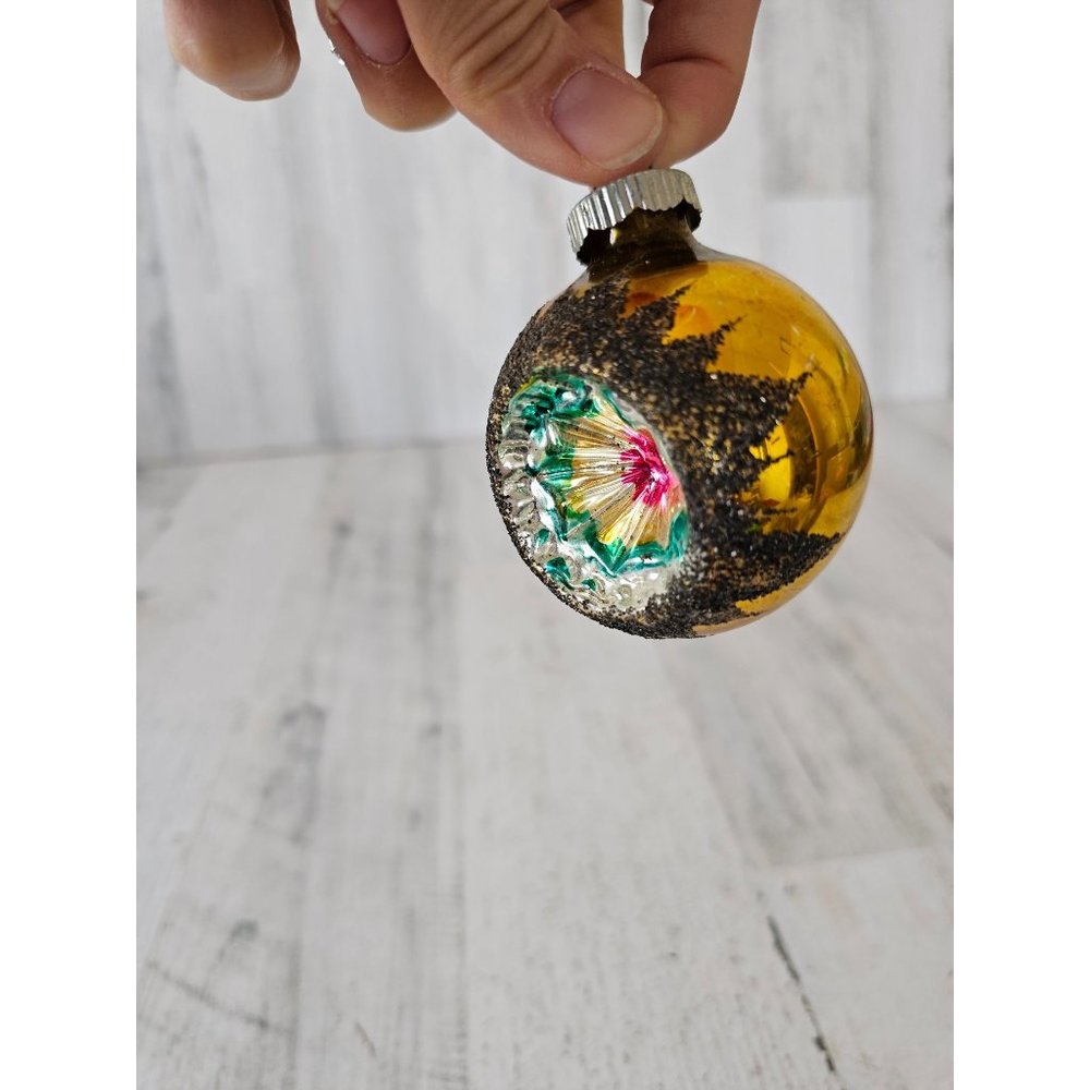 Vintage radko shiny Brite yellow indent glitter ball ornament Xmas tree reflecto